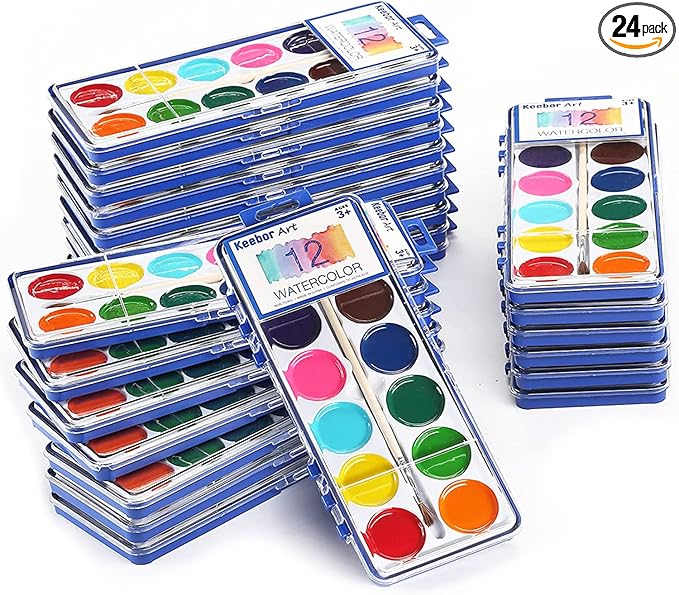 12 Colors Watercolor Paint Set for Kids, 24 Pack Washable Water Colors for Party Favors, Gifts, Classroom Supplies (Wood Brushes Included)