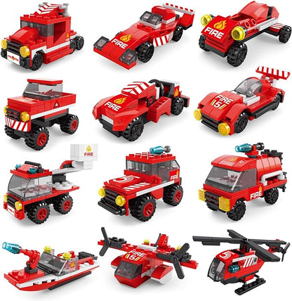 FUN LITTLE TOYS 12 Boxes Fire Rescue Vehicles Mini Building Blocks Party Favors for Kids 8-12, Car Building Kit, 3D Assembly Cars for Easter Eggs Empty, Kids Prizes in Bulk for School