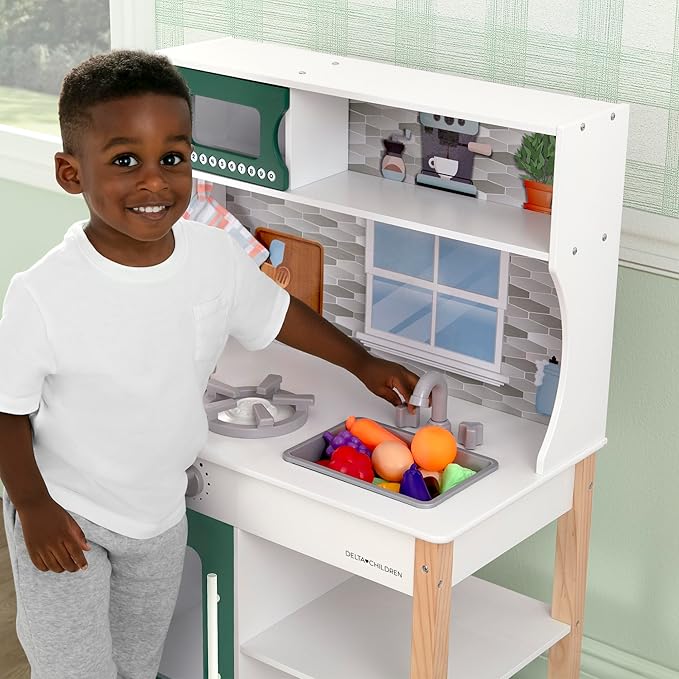 Delta Children Tiny Chef Play Kitchen - Toy Kitchen Playset with Realistic Knobs That Turn/Click, Oven, Sink, Microwave and 15 Pieces of Play Food, Green