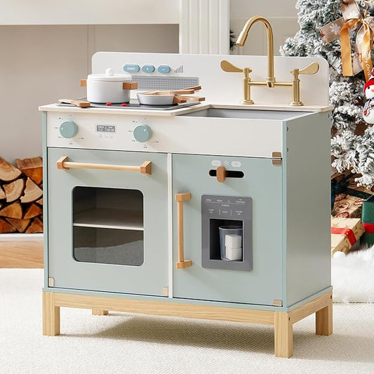 ROBOTIME Play Kitchen for Toddlers, Wooden Kids Play Kitchen Playset with Real Lights & Sounds/Ice Cube Dispenser, Pretend Play Montessori Toy Kitchen, Gift for Ages 3+ (Blue)