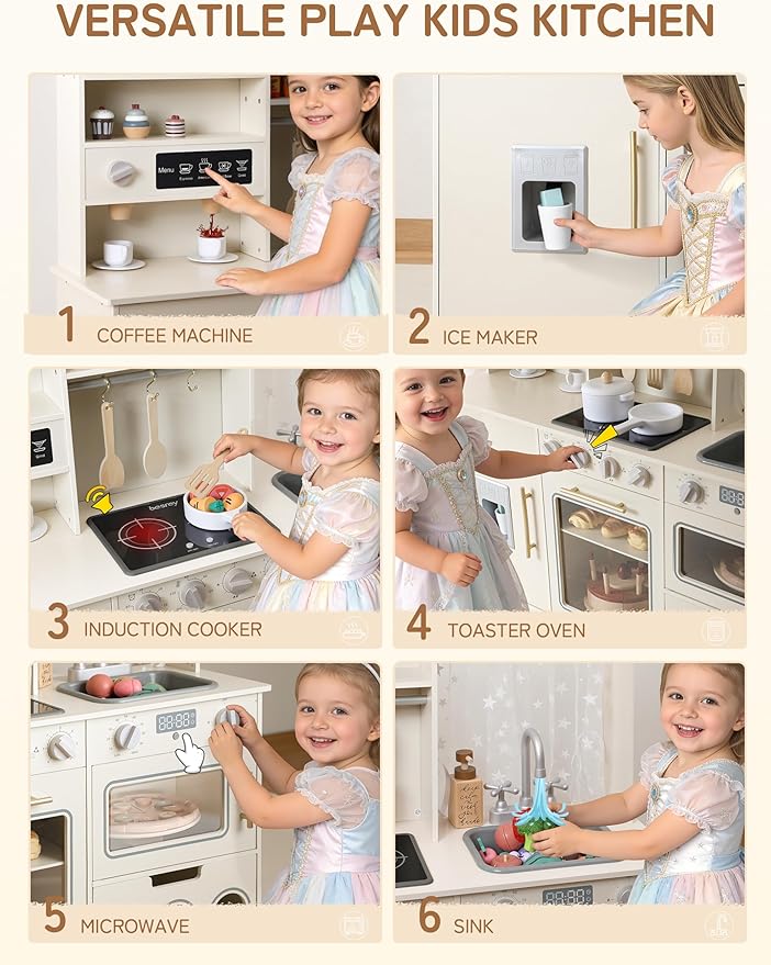 besrey Play Kitchen for Kids, Wooden Kids Play Kitchen Playset with Real Lights & Sounds, Toddler Toy Kitchen with Fun Cookware Accessories, Pretend Play Kitchen Gift for Age 3+