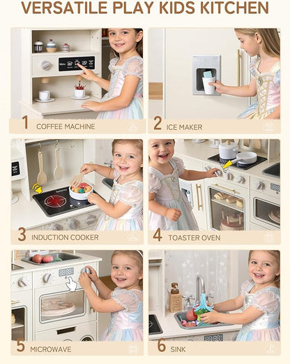 besrey Play Kitchen for Kids, Wooden Kids Play Kitchen Playset with Real Lights & Sounds, Toddler Toy Kitchen with Fun Cookware Accessories, Pretend Play Kitchen Gift for Age 3+