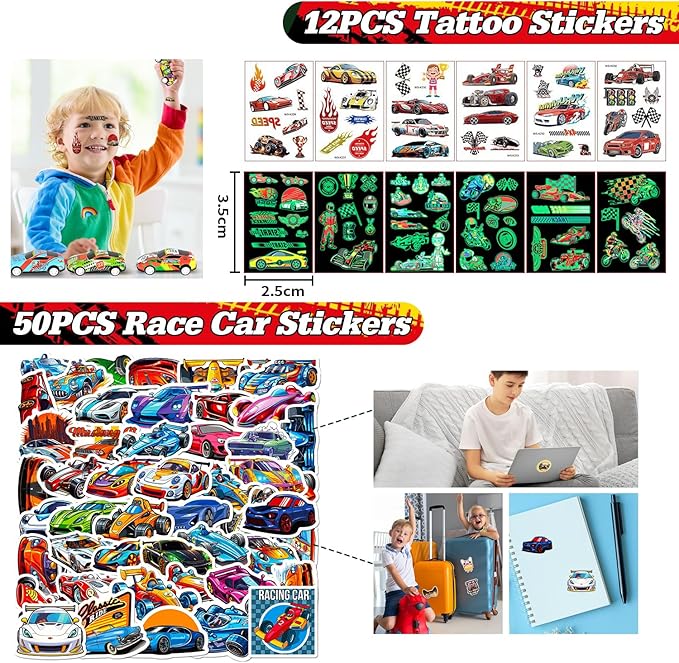 122 PCS Race Car Party Favors, Racing Birthday Party Favors with Pull Back Cars Drawstring Bags Slap Bracelet Keychain Stamper Tattoo Stickers, Racecar Theme Party Supplies Goodie Bag for Boys Kids