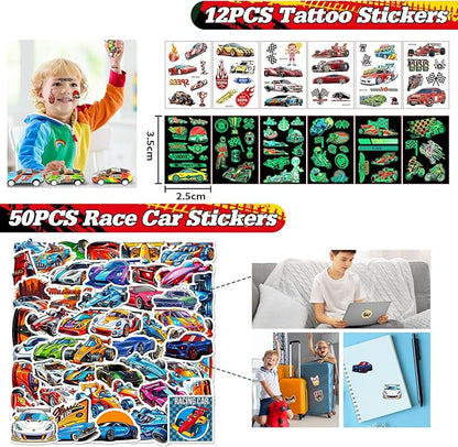122 PCS Race Car Party Favors, Racing Birthday Party Favors with Pull Back Cars Drawstring Bags Slap Bracelet Keychain Stamper Tattoo Stickers, Racecar Theme Party Supplies Goodie Bag for Boys Kids