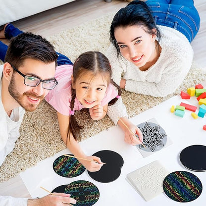 48 Pieces Mandala Scratch Cards Rainbow Xmas Scratch Paper for Kids DIY Round Ornaments with Drawing Stencils Wooden Stick and Ribbon Suitable Hobby for Adults, Kids, Teens and Seniors