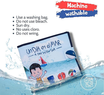 Bilingual Quiet Book for 18 months Babies Boys and Girls | Written in English and Spanish | 1 Plush Toy Included | Sensorial Felt Book for Babies | Carry on Travel Toy | Preschool and Early Learning.