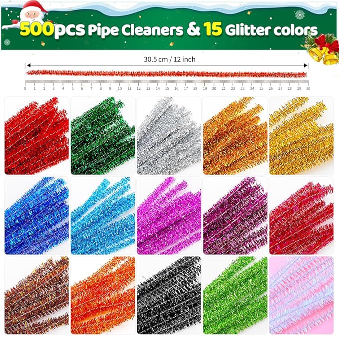 IOOLEEM 500pcs Glitter Pipe Cleaners, Chenille Stems, Pipe Cleaners for Crafts, Pipe Cleaner Crafts, Art and Craft Supplies.