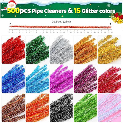 IOOLEEM 500pcs Glitter Pipe Cleaners, Chenille Stems, Pipe Cleaners for Crafts, Pipe Cleaner Crafts, Art and Craft Supplies.