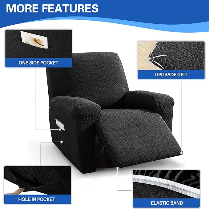MAXIJIN Recliner Cover Slipcovers for Living Room 4 Pieces Stretch Jacquard Recliner Chair Cover Soft Fitted Recliner Protector with Elastic Bottom for Kids, Pets (Recliner, Black)