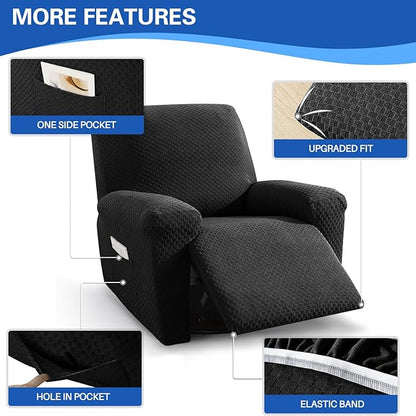 MAXIJIN Recliner Cover Slipcovers for Living Room 4 Pieces Stretch Jacquard Recliner Chair Cover Soft Fitted Recliner Protector with Elastic Bottom for Kids, Pets (Recliner, Black)
