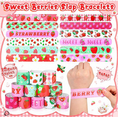 98 Pieces Strawberry Party Favors Include Sweet Berries Slap Bracelets Stickers Keychains for Berry Birthday Party Supplies Sweet One Party Summer Fruit Goodie Bag Fillers