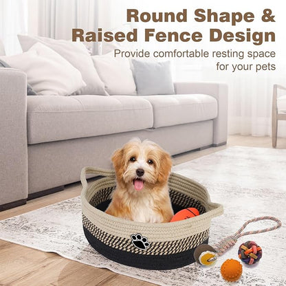 Optish Dog Toy Easter Basket, Toy Box and Bin for Dog Cat Storage, 13.5" X 11" X 5" Small Woven Rope Basket for Baby Storage, Closet, Living Room, Brown & Black