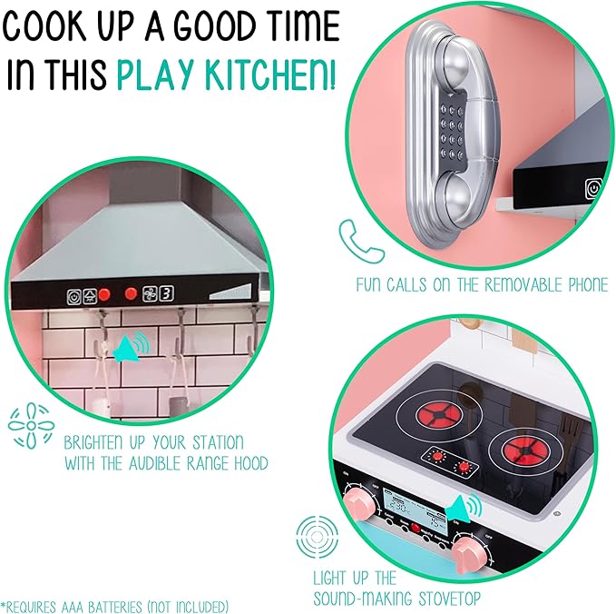 Lil’ Jumbl Kids Colorful Kitchen Set, Pretend Wooden Play Kitchen, Battery Operated Icemaker, Microwave, Range Hood, Stove Top, Oven, with Realistic Sound & Lights, Pots, Pan, & Utensils Included