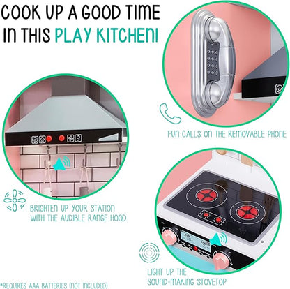 Lil’ Jumbl Kids Colorful Kitchen Set, Pretend Wooden Play Kitchen, Battery Operated Icemaker, Microwave, Range Hood, Stove Top, Oven, with Realistic Sound & Lights, Pots, Pan, & Utensils Included