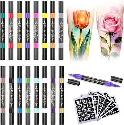 Temporary Tattoo Markers for Skin – Dual-End 16 Colors + 80 Stencils Kit, Skin-Safe Washable Cosmetic-Grade Body Art Pens for Kids & Adults