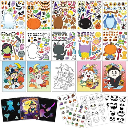 JOYIN 20 Pcs Make-a-face Sticker Sheets Make Your Own Halloween Characters Mix and Match Sticker Sheets, Bonus with Coloring Sheets, 10 Scratch Cards, 8 Sticker Sheets, Halloween Party Favor Supplies