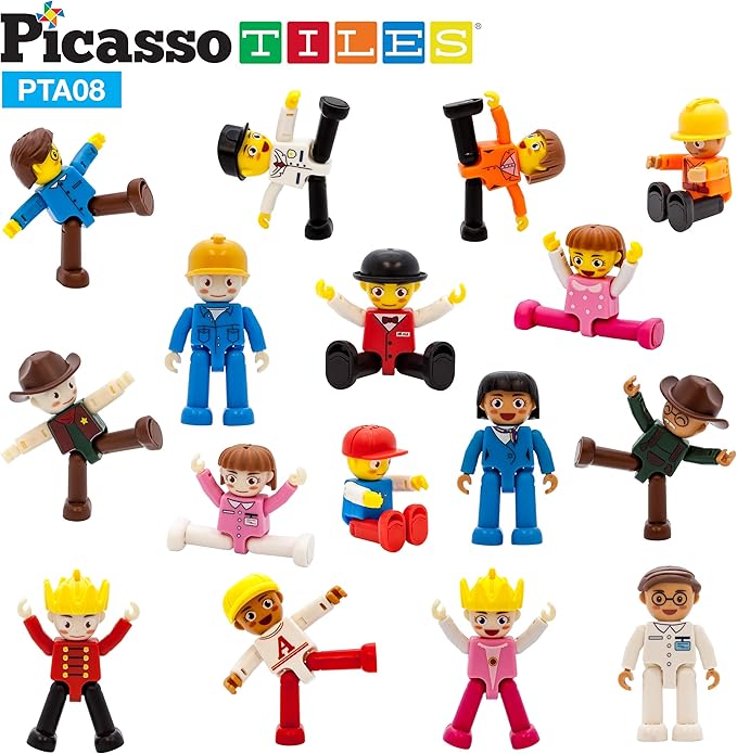 PicassoTiles 16 Piece Character Action Figures Toddler Toy Set Expansion Pack Magnetic Construction Blocks STEM Pretend Play Toys Building Tiles PTA08