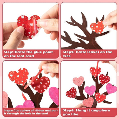 Haooryx Valentine’s Paper Craft Kits - 24-Piece Valentine’s Day Heart Tree Craft Kit DIY Hanging Ornaments with Heart Cards Red Ribbon Glue Points Kids' Classroom Activities Home Decor Exchange Gifts