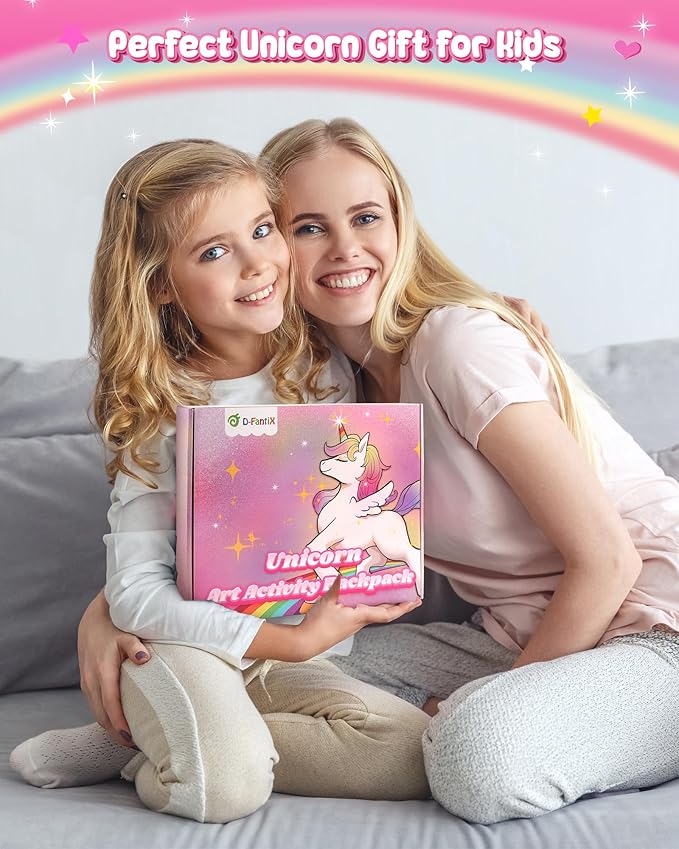 D-FantiX Unicorn Art Supplies Clear Backpack for Toddler, 51Pcs DIY Coloring Craft Kits with Scratch Art Paper and Stickers, Road Trip Activities for Kids, Creative Birthday Gift for Girls