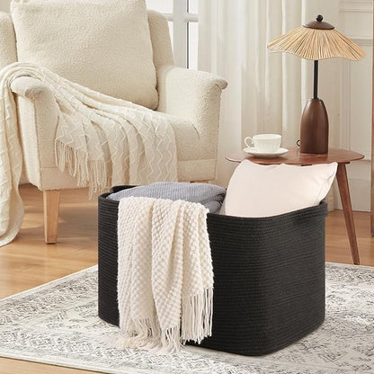 OIASKET 118L Extra Large Blanket Basket, 24.8" x 17.7" x 17.2" Woven Storage Basket for Living Room, Rectangle Nursery Blanket Storage for Toys, Towels, Dirty Clothes (Black)