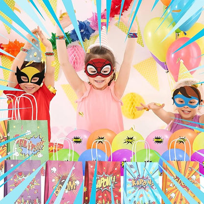 APZ 122 Pcs Superhero Party Favors -Superhero Mask Slap Bracelets Keychains Stickers Punch Balloons Finger Lights and Gift Bags for Kids Hero Party Supplies Birthday Decorations