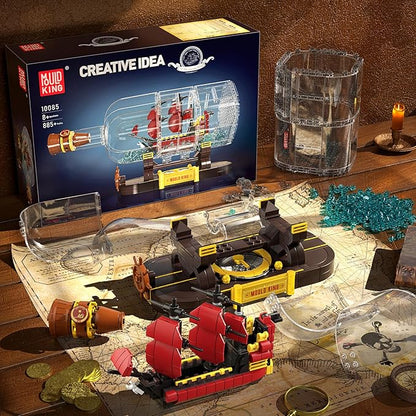 Mould King Ship in a Bottle Building Blocks Sets, 10085 Revenge Pirate Boat Model Kits Toys, Collectible Display Pirate Ship in a Bottle Kit, STEM Project for Adults and Kids Aged 8+ (885 Pieces)