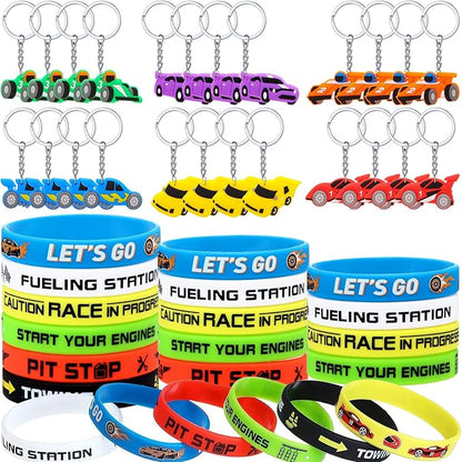 Aoriher 48 Pcs Race Car Birthday Party Favors Racing Rubber Bracelets and Car Theme Keychains Racing Party Goodie Bag Fillers Classroom Rewards for Girls and Boys Birthday Party Decoration Supplies