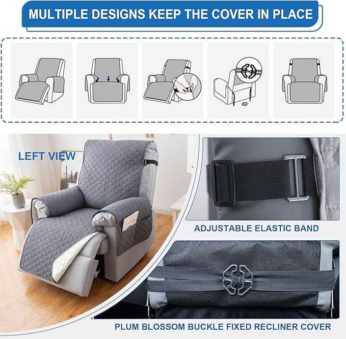 100% Waterproof Recliner Covers for Recliner Chair, Non-Slip Recliner Chair Cover with 5 Pockets, Elastic Straps, Washable Reclining Chair Protector for Kids, Pets, Dogs, Light Gray