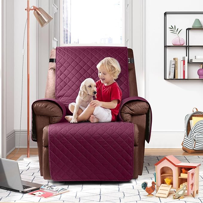 KinCam 100% Waterproof Recliner Chair Cover, Reclining Couch Covers for Pets, Dogs, Recliner Couch Slipcover Furniture Protector with Elastic Straps for Kids(30", Burgundy)