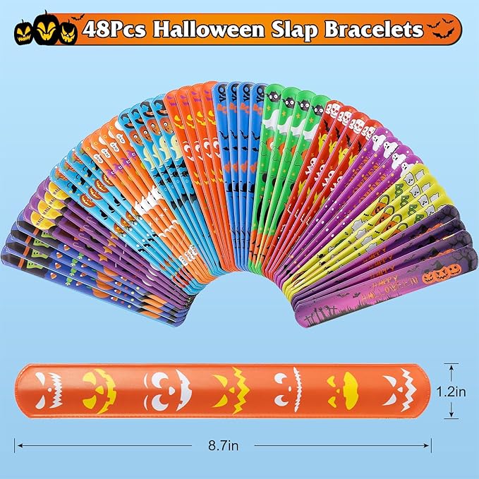 Halloween Party Favors for Kids, 48 PCS Halloween Slap Bracelets Assorted Bulk Party Decorations, Snap Bracelet Wristbands for Kids Print with Spider Pumpkin Ghost Print Halloween Treats Supplies