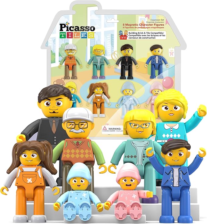 Picasso Toys Magnetic Action Figures 8 Piece Family Character for Construction Building Block Tiles Toddler Toy Set Magnet Expansion Variety Pack Educational STEM Learning Kit Pretend Playset PTA11