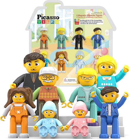 Picasso Toys Magnetic Action Figures 8 Piece Family Character for Construction Building Block Tiles Toddler Toy Set Magnet Expansion Variety Pack Educational STEM Learning Kit Pretend Playset PTA11