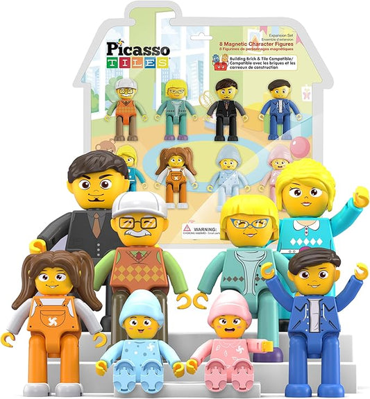 Picasso Toys Magnetic Action Figures 8 Piece Family Character for Construction Building Block Tiles Toddler Toy Set Magnet Expansion Variety Pack Educational STEM Learning Kit Pretend Playset PTA11