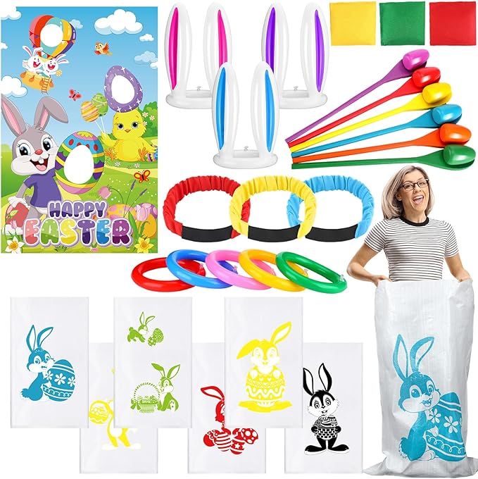 34 Pcs Easter Outdoor Party Games Includes Potato Sack Race Jumping Bags Legged Race Bands Egg and Spoon Race Inflatable Bunny Ring Toss Games Bean Bags Game Banner for Party Supplies