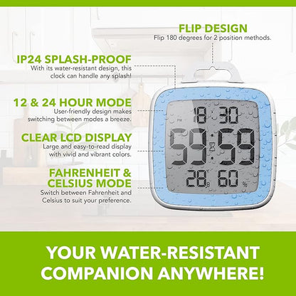 BALDR Digital Bathroom Clock with Timer - Waterproof Shower Clock with Time and Temperature - Waterproof Shower Timer for Kids and Adults - Bathroom Timer, Digital Shower Clocks for Bathroom (Blue)