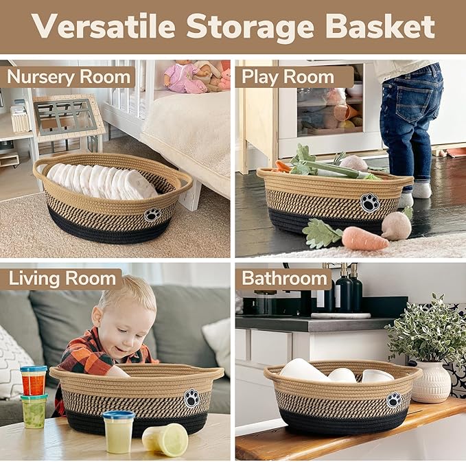 Dog Storage Bin, Baby Basket for Gifting, Wicker Storage Baskets for Dog, Cute Basket with Handles, Small Woven Baskets for Nursery 12"x 8" x 5" Black-Brown
