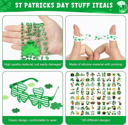140PCS St Patricks Day Accessories, St. Patrick's Day Glasses Bracelets Tattoos Beads, Irish Glasses Bracelets Tattoos Beads Stuff Bulk, Shamrock Saint Patricks Parade Throw Party Favor Decorations