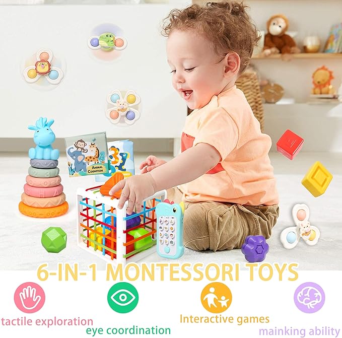 Montessori Baby Toys 6-18 months,Sensory Shapes & Storage Bin,Stacking Toys,Dinosaur Phone,Suction Cup Spinner Toy,Cloth Book,Infant Bath Time Fun,6 in 1 Toddlers Toy Gifts for 1-3 Year Old Boys Girls