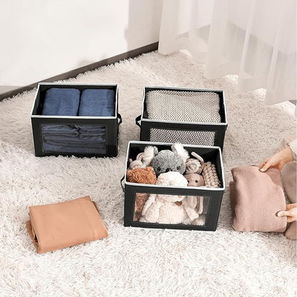 Homsorout Stackable Storage Bins with Lids - Medium Storage Box with Lids, Foldable Closet Boxes for Organizing, Wardrobe Clothes Organizer with Window, Cubes Bins for Living Room, 5 Pack, Black