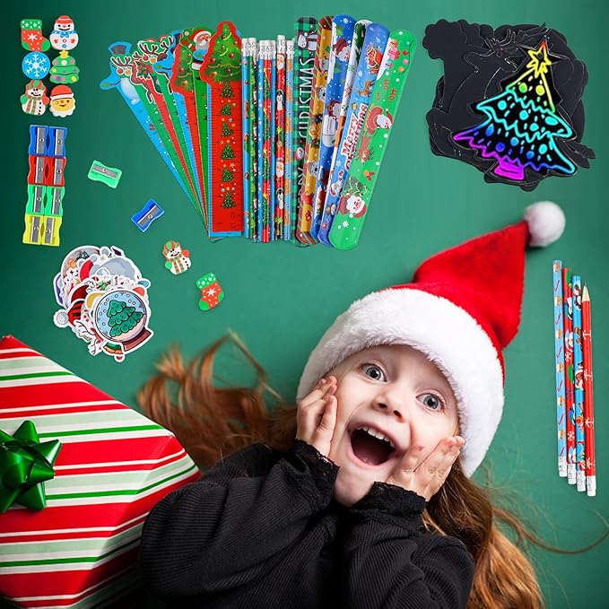 Christmas School Stationery Set with Rulers Pencils Erasers Stickers Treat Bags Party Favors for Kids Students Classroom Gift Exchange School Games Prizes Reward Carnival Holiday Gifts