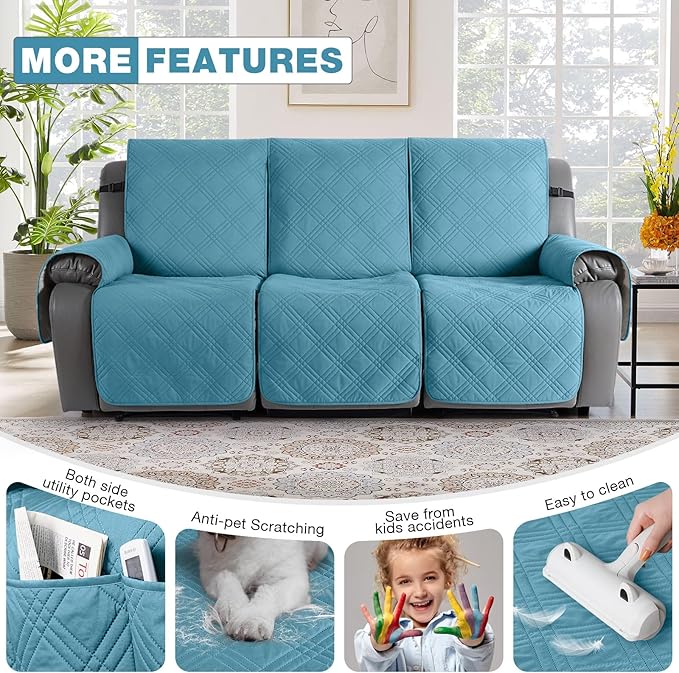 TAOCOCO 100% Waterproof Recliner Sofa Covers 3 Seater Split Couch Covers for 3 Cushion Reclining Couch with Straps, Non Slip Reclining Sofa Covers Furniture Protector for Kids Pets(3 Seater, Sky Blue)