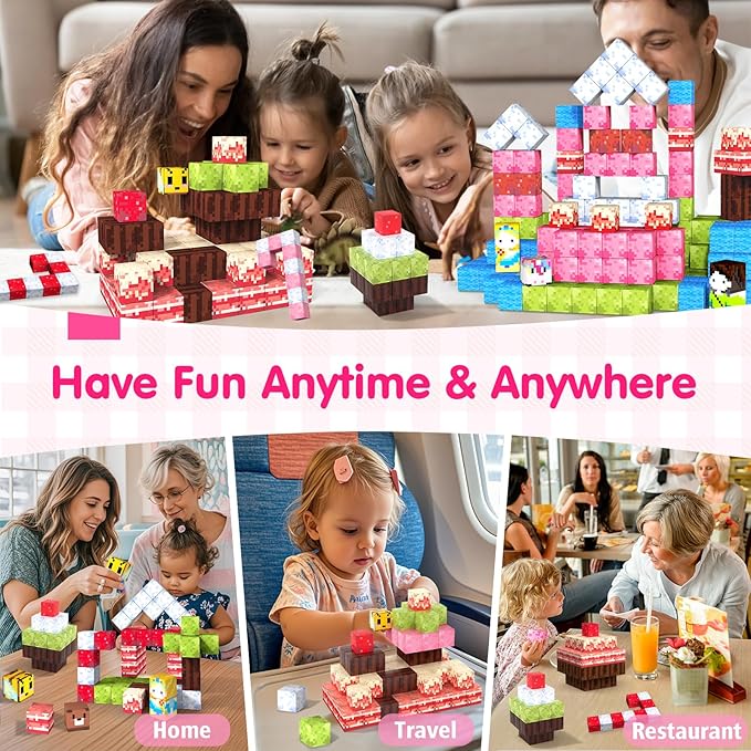 Feoxialy Magnetic Blocks for Kids Ages 3-5,54pcs Candy Magnetic Building Blocks Pink Magnet Cubes Sensory Creative Learning Toys Gifts for Toddlers Ages 4-8 5 6 7+Year Old Girls Birthday Christmas