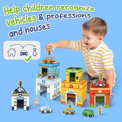 Aizweb Stacking Toys for Toddlers,Sorting Blocks Magnetic Wooden Cars Cardboard Vehicles Educational Preschool Kindergarten Learning Montessori Toys for 1 2 3 Year Old Boys Girls