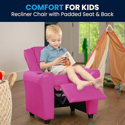 Flash Furniture Vana Vinyl Kids Recliner with Cup Holder, Headrest, and Safety Recline, Contemporary Reclining Chair for Kids, Supports up to 90 lbs., Hot Pink