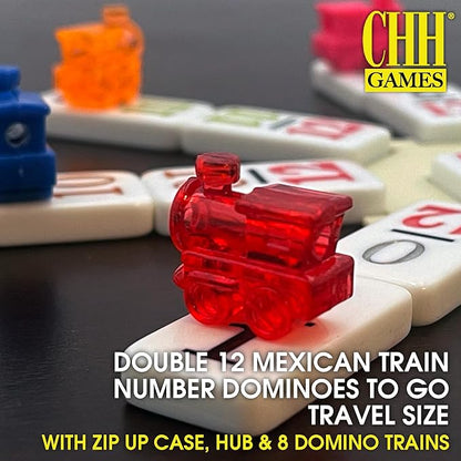 Double 12 Mexican Train Number Dominoes to Go Travel Size with Zip Up Case, Hub & 8 Domino Trains