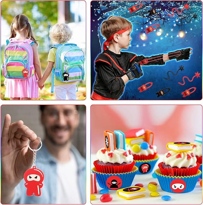HyDren 109 Pcs Ninja Party Favors for 18 People Include Ninja Slingshot Sticky Stretch Ninja Toys Rubber Keychains Silicone Wristband Ninja Stickers Organza Bag Thank Tags for Birthday Party