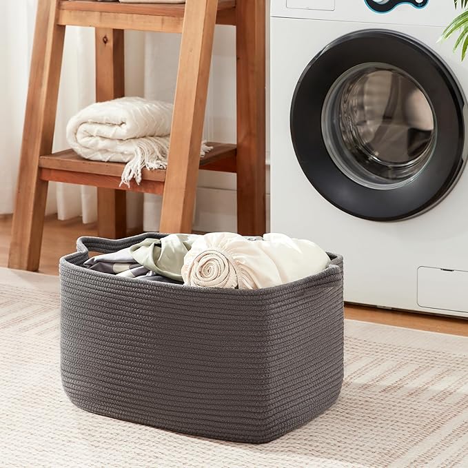 OIASKET Large Toy Basket, Rectangle Woven Rope Storage Basket for Blankets, Dirty Clothes, Shoes, Nursery Organizer Bins (Dark Grey)