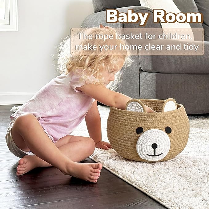 CherryNow Cotton Rope Baby Basket for Nursery, Bear Gift Baskets for Kids, Empty Baby Shower Basket with Handles, Small Cute Animal Baskets, Brown, 10.5"D x 8.5"H