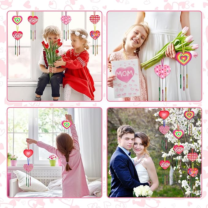 Fennoral 27 Pack Heart Wind Chime Kit for Kids Make You Own Love Wind Chimes DIY Colorful Valentine's Day Wooden Art and Craft for Kids Valentine's Day Party Decoration