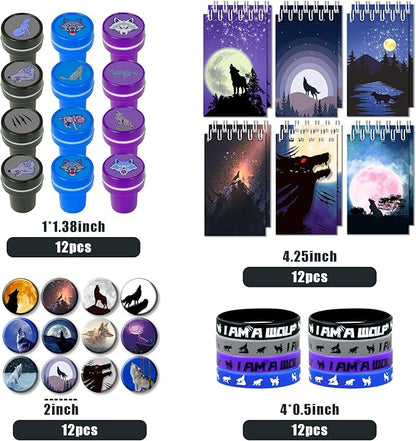 48 PCS Wolf Party Favors, Wolf Birthday Party Favors with 12 Wolf Button Pins, 12 Mini Notebooks, 12 Stampers and 12 Rubber Bracelets for Birthday Party Baby Shower Holiday